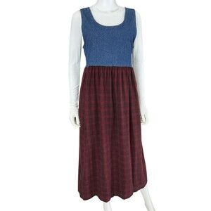 VTG Woolrich Overall Jumper Dress Size S Denim Flannel Tartan Plaid Tie-Back 90s